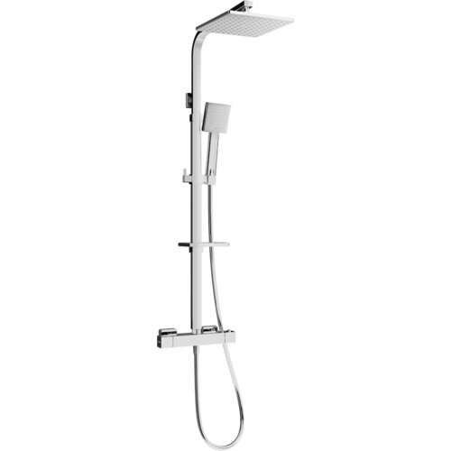Zestaw prysznicowy natynkowy w kolorze chromowanym, składający się z deszczownicy, słuchawki prysznicowej oraz baterii termostatycznej. Produkt ma nowoczesny design z prostokątnymi elementami i gładkimi powierzchniami.