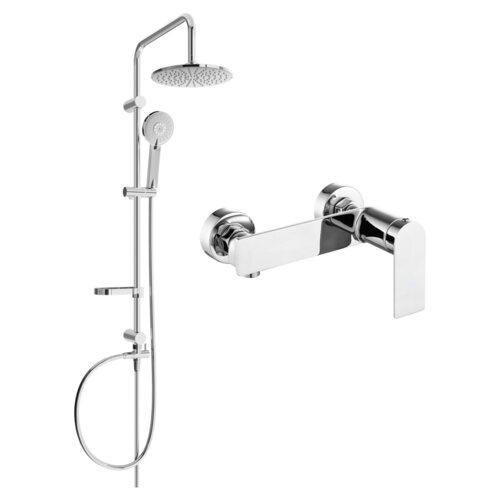 Zestaw prysznicowy natynkowy w kolorze chromowanym, składający się z deszczownicy, słuchawki prysznicowej oraz baterii prysznicowej. Produkt ma nowoczesny design z gładkimi, zaokrąglonymi krawędziami.
