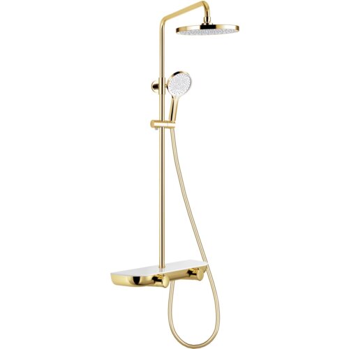 Zestaw prysznicowy natynkowy w kolorze złotym i białym, składający się z deszczownicy, słuchawki prysznicowej oraz baterii. Produkt ma elegancki, nowoczesny design z błyszczącym wykończeniem.