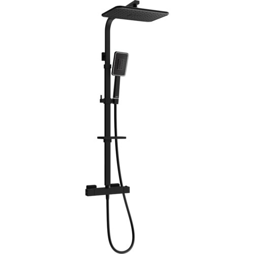 Czarny zestaw prysznicowy z deszczownicą i baterią termostatyczną, z prostokątną słuchawką prysznicową oraz wężem. Produkt ma nowoczesny design z elementami chromowanymi.
