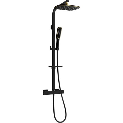 Czarny zestaw prysznicowy z deszczownicą i baterią termostatyczną, ozdobiony złotymi akcentami. Produkt ma prosty, nowoczesny design z widoczną słuchawką prysznicową i wężem.