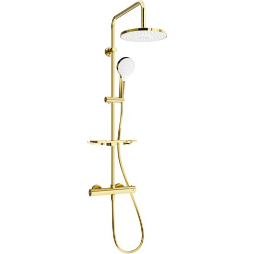 Zestaw prysznicowy natynkowy w kolorze złotym i białym, składający się z deszczownicy, słuchawki prysznicowej oraz baterii termostatycznej. Produkt posiada elegancki, nowoczesny design z gładkimi powierzchniami i zaokrąglonymi krawędziami.