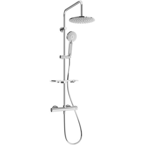 Zestaw prysznicowy natynkowy w kolorze chromowanym, składający się z deszczownicy, słuchawki prysznicowej, baterii termostatycznej oraz półki. Produkt ma elegancki, nowoczesny design z gładkimi, zaokrąglonymi krawędziami.