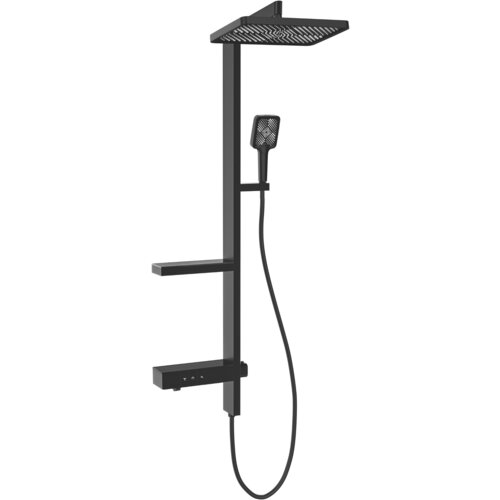 Czarny zestaw prysznicowy natynkowy z deszczownicą i baterią, o nowoczesnym, minimalistycznym designie. Produkt posiada prostokątną deszczownicę, słuchawkę prysznicową oraz dwa poziome uchwyty.