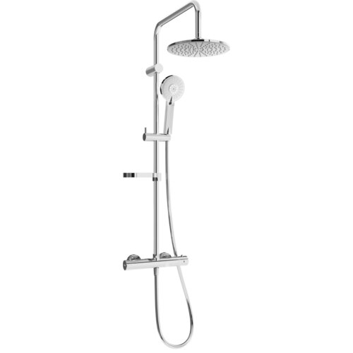 Zestaw prysznicowy natynkowy w kolorze chromowanym, składający się z deszczownicy, słuchawki prysznicowej oraz baterii termostatycznej. Produkt ma elegancki, nowoczesny design z gładkimi, zaokrąglonymi krawędziami.