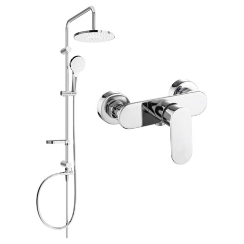 Zestaw prysznicowy natynkowy w kolorze chrom, składający się z deszczownicy, słuchawki prysznicowej oraz baterii prysznicowej. Produkt ma nowoczesny design z gładkimi, zaokrąglonymi krawędziami.