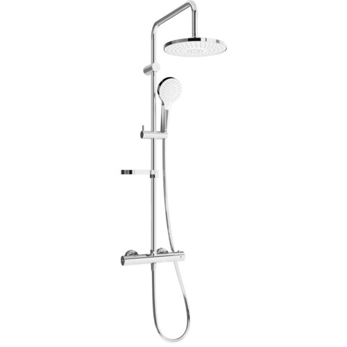 Zestaw prysznicowy natynkowy w kolorze chrom/biały, składający się z deszczownicy, słuchawki prysznicowej oraz baterii termostatycznej. Produkt ma nowoczesny design z gładkimi, zaokrąglonymi krawędziami.