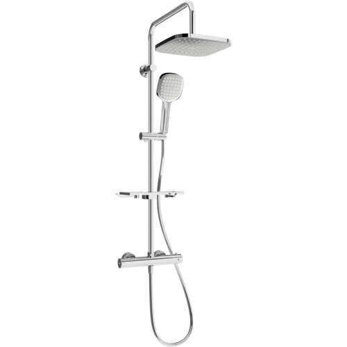 Zestaw prysznicowy natynkowy w kolorze chromu, składający się z deszczownicy, słuchawki prysznicowej, baterii termostatycznej oraz półki. Produkt ma nowoczesny design z prostokątną deszczownicą i okrągłymi elementami wykończenia.