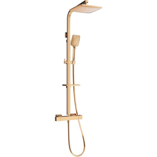 Zestaw prysznicowy w kolorze różowego złota, składający się z deszczownicy, słuchawki prysznicowej oraz baterii termostatycznej. Produkt ma nowoczesny design z prostokątnymi elementami i gładkim wykończeniem.