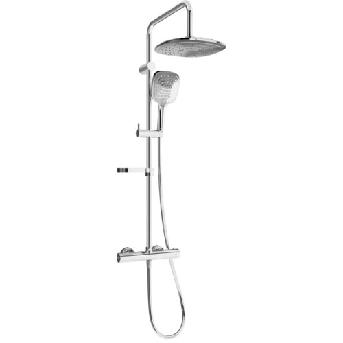 Zestaw prysznicowy natynkowy w kolorze chromu, składający się z deszczownicy, słuchawki prysznicowej oraz baterii termostatycznej. Produkt ma nowoczesny design z gładkimi, zaokrąglonymi krawędziami.
