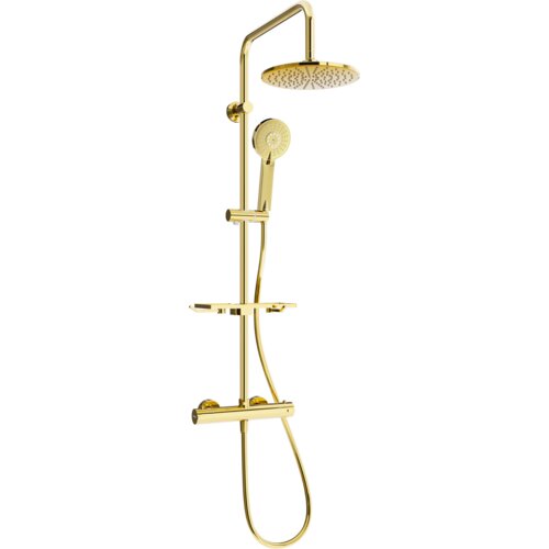 Zestaw prysznicowy w kolorze złotym z deszczownicą, słuchawką prysznicową, baterią termostatyczną i półką. Produkt ma elegancki, nowoczesny design z gładkimi, zaokrąglonymi krawędziami.