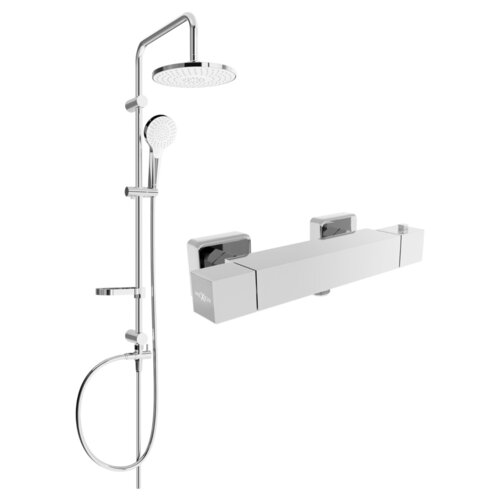 Zestaw prysznicowy natynkowy z deszczownicą i baterią prysznicową termostatyczną w kolorze chromowanym, z widocznym logo "Mexen" na baterii. Produkt ma nowoczesny design z okrągłą deszczownicą i słuchawką prysznicową.