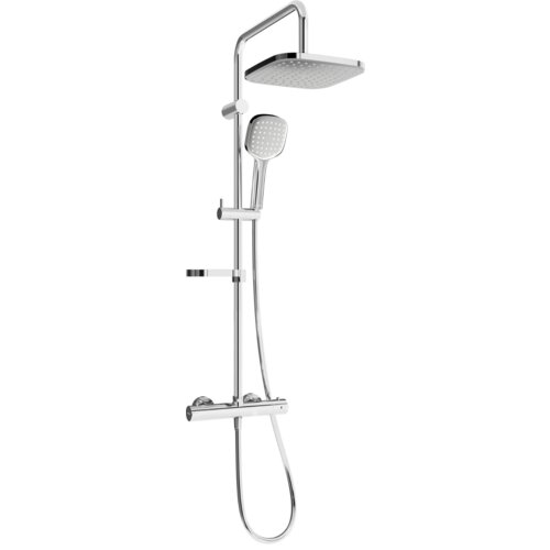 Zestaw prysznicowy natynkowy w kolorze chromowanym, składający się z deszczownicy, słuchawki prysznicowej oraz baterii termostatycznej. Produkt ma nowoczesny design z gładkimi, zaokrąglonymi krawędziami.