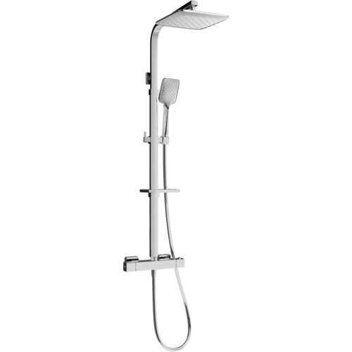Zestaw prysznicowy natynkowy w kolorze chromowanym, składający się z deszczownicy, słuchawki prysznicowej oraz baterii termostatycznej. Produkt ma nowoczesny design z prostokątnymi elementami i gładkimi powierzchniami.