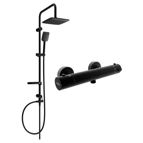 Czarny zestaw prysznicowy natynkowy z deszczownicą i baterią prysznicową termostatyczną, z widocznym logo "Mexen" na baterii. Produkt ma nowoczesny design z prostokątną deszczownicą i słuchawką prysznicową.