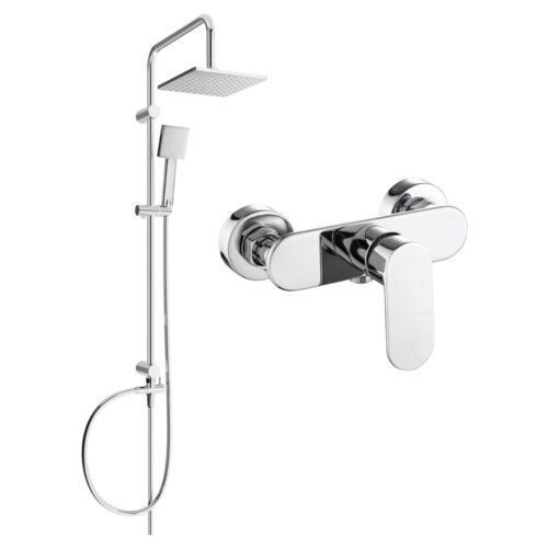 Zestaw prysznicowy natynkowy w kolorze chrom, składający się z deszczownicy, słuchawki prysznicowej oraz baterii prysznicowej. Produkt ma nowoczesny design z gładkimi, zaokrąglonymi krawędziami.
