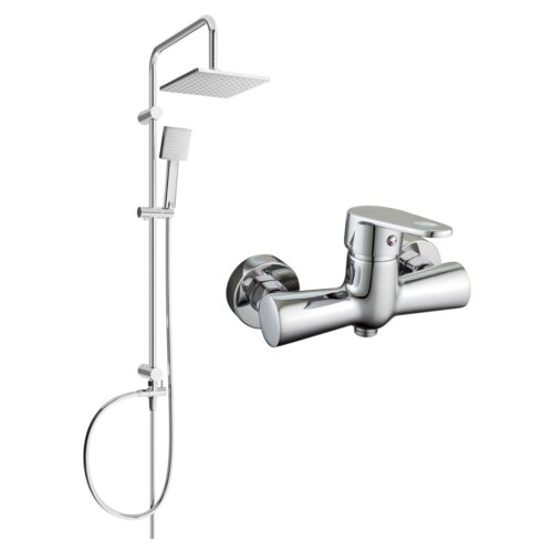 Zestaw prysznicowy natynkowy w kolorze chromu, składający się z deszczownicy, słuchawki prysznicowej oraz baterii prysznicowej. Produkt ma nowoczesny design z prostymi liniami i błyszczącym wykończeniem.