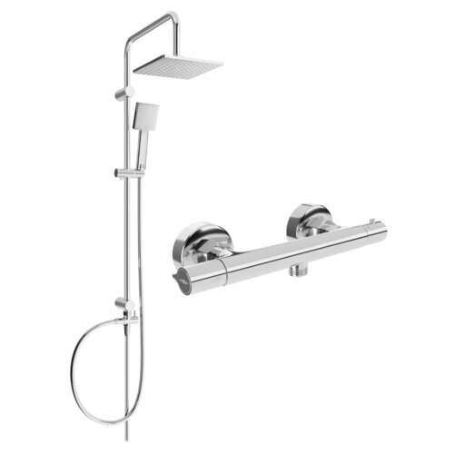 Zestaw prysznicowy natynkowy w kolorze chromu, składający się z deszczownicy, słuchawki prysznicowej oraz baterii termostatycznej. Produkt ma nowoczesny design z prostokątną deszczownicą i okrągłymi elementami mocującymi.