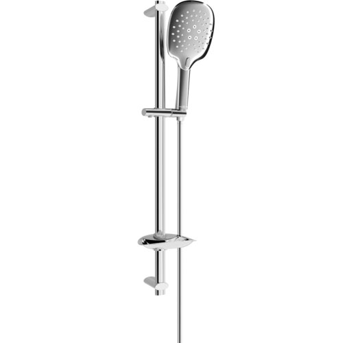 Zestaw prysznicowy suwany w kolorze chromu, składający się z drążka, uchwytu i słuchawki prysznicowej z licznymi dyszami. Produkt ma elegancki, nowoczesny design z gładką, błyszczącą powierzchnią.