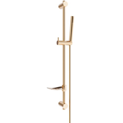 Zestaw prysznicowy w kolorze różowego złota, składający się z suwanej rączki prysznicowej i drążka z uchwytem. Produkt ma elegancki, nowoczesny design z gładkim wykończeniem.