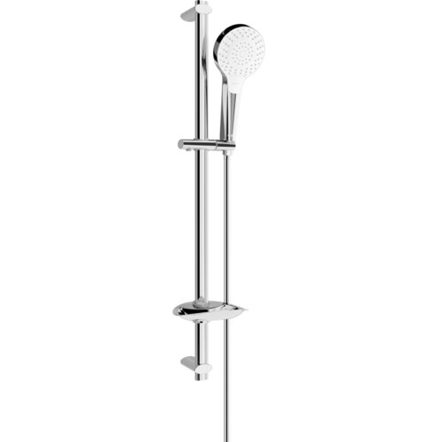 Zestaw prysznicowy suwany w kolorze chromu, składający się z drążka, uchwytu i słuchawki prysznicowej z widocznymi dyszami. Produkt ma elegancki, nowoczesny design.