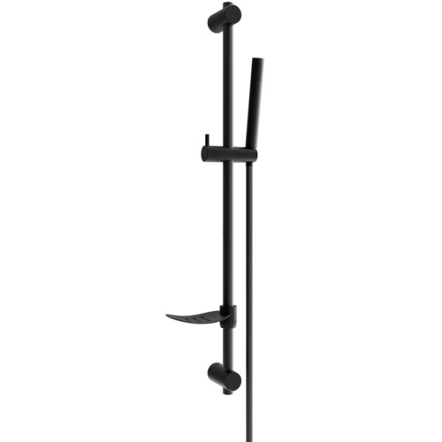 Czarny zestaw prysznicowy suwany z prostą, pionową rurką, na której zamocowana jest słuchawka prysznicowa oraz półka na akcesoria. Produkt ma minimalistyczny design i jednolitą, matową powierzchnię.