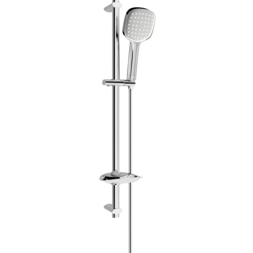 Zestaw prysznicowy suwany w kolorze chromu, składający się z drążka, uchwytu i słuchawki prysznicowej z widocznymi dyszami. Produkt ma elegancki, nowoczesny design.