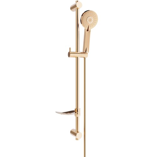 Zestaw prysznicowy w kolorze różowego złota składa się z suwanej rączki prysznicowej i drążka montażowego. Produkt ma elegancki, nowoczesny design z okrągłą słuchawką prysznicową i półką na akcesoria.