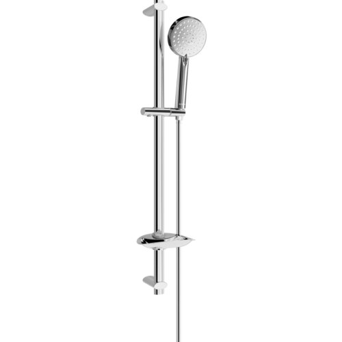 Zestaw prysznicowy suwany w kolorze chromowanym, składający się z drążka, słuchawki prysznicowej z wieloma dyszami oraz węża. Produkt ma nowoczesny design i gładkie wykończenie.