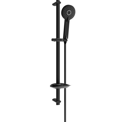 Czarny zestaw prysznicowy suwany z okrągłą słuchawką prysznicową i regulowaną wysokością. Produkt ma minimalistyczny design z matowym wykończeniem.
