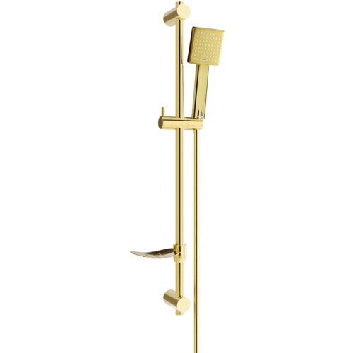 Zestaw prysznicowy w kolorze złotym z prostokątną słuchawką prysznicową i regulowaną szyną. Produkt ma elegancki, nowoczesny design z gładkim wykończeniem.
