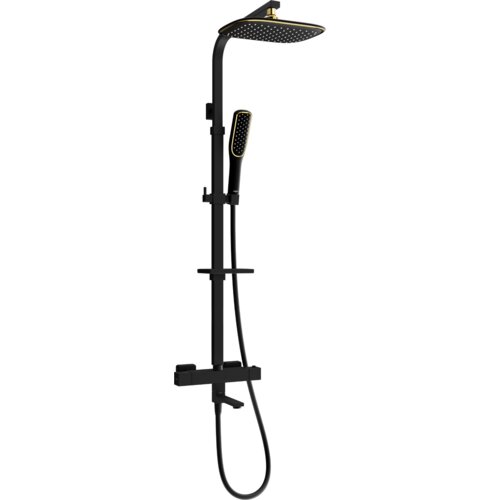 Czarny zestaw wannowo-prysznicowy z deszczownicą i baterią termostatyczną, ozdobiony złotymi akcentami. Produkt ma prosty, nowoczesny design z widoczną słuchawką prysznicową i wężem.