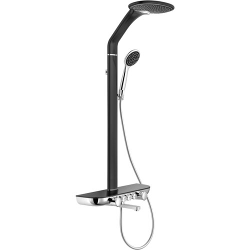 Czarny zestaw prysznicowy natynkowy z deszczownicą i baterią, z elementami chromowanymi. Produkt ma nowoczesny design z okrągłą deszczownicą i słuchawką prysznicową na elastycznym wężu.