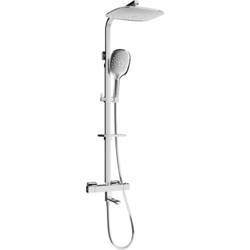Zestaw wannowo-prysznicowy w kolorze chromu, składający się z deszczownicy, słuchawki prysznicowej oraz baterii termostatycznej. Produkt ma nowoczesny design z prostymi liniami i metalicznym wykończeniem.