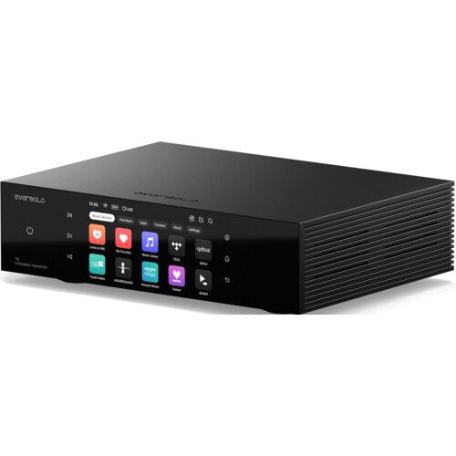 Czarny streamer odtwarzacz sieciowy EVERSOLO T8 z wyświetlaczem pokazującym ikony aplikacji, takie jak "Listen to MQA", "Music Library", "Amazon Music" oraz "TIDAL". Na obudowie widoczne są napisy "EVERSOLO" i "T8 STREAMING TRANSPORT".