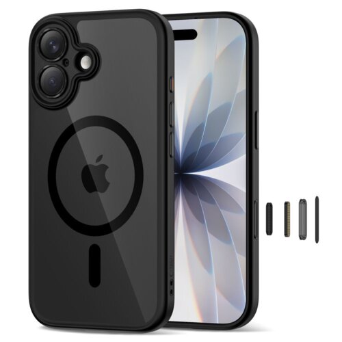 Czarne etui TECH-PROTECT MagPeak MagSafe CC do Apple iPhone 17 z widocznym logo w kształcie jabłka i okręgiem MagSafe, obok którego znajduje się telefon z abstrakcyjną grafiką na ekranie. W tle widoczne są elementy montażowe etui.