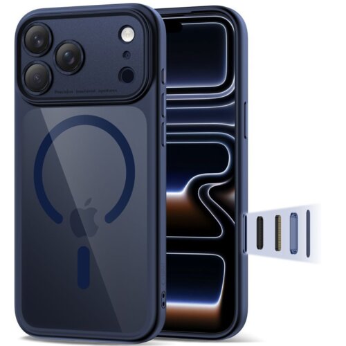 Niebieskie etui TECH-PROTECT MagPeak MagSafe CC do Apple iPhone 17 Pro Max z widocznym logo w kształcie okręgu i pionowej linii. Na etui znajdują się trzy otwory na aparaty oraz napis "Precision machined apertures".