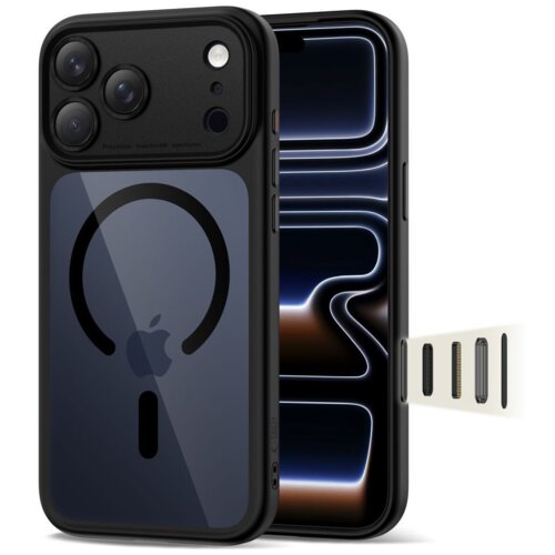 Czarne etui na telefon z trzema dużymi otworami na aparaty i jednym mniejszym na lampę błyskową, z widocznym logo w kształcie jabłka oraz okrągłym wzorem na tylnej części. Obok etui znajduje się telefon z wyświetlaczem pokazującym abstrakcyjny wzór świetlny.
