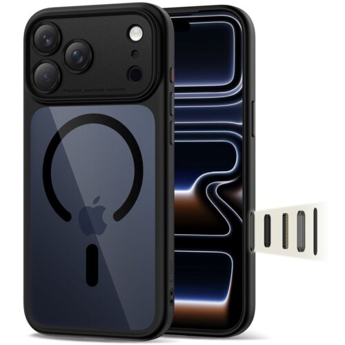 Czarne etui TECH-PROTECT MagPeak MagSafe CC do Apple iPhone 17 Pro z widocznym logo w kształcie okręgu i jabłka, obok którego znajduje się telefon z wyświetlaczem pokazującym abstrakcyjny wzór świetlny. Obok etui widoczny jest element z czterema różnymi złączami.
