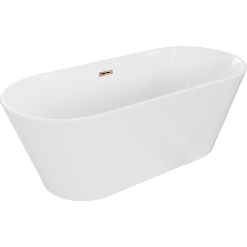 Biała wanna wolnostojąca o gładkiej powierzchni, z widocznym przelewem w kolorze różowego złota. Produkt ma prosty, nowoczesny design i zaokrąglone krawędzie.