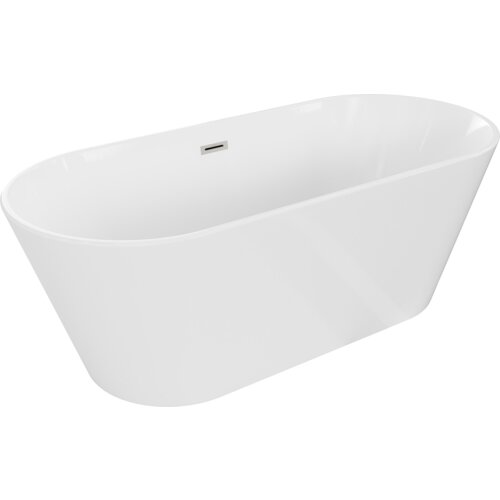 Biała wanna wolnostojąca o gładkiej powierzchni i owalnym kształcie, z widocznym przelewem w kolorze niklu szczotkowanego. Produkt ma wymiary 160 x 75 cm.