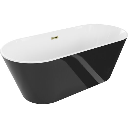 Na zdjęciu znajduje się wolnostojąca wanna o białym wnętrzu i czarnej zewnętrznej powierzchni, z widocznym złotym przelewem. Produkt ma elegancki, nowoczesny design.