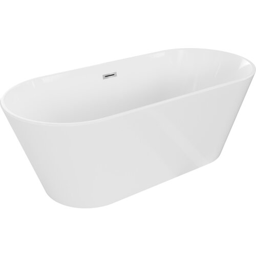 Biała wanna wolnostojąca o gładkiej powierzchni i zaokrąglonych krawędziach, z widocznym chromowanym przelewem. Produkt ma prosty, nowoczesny design.