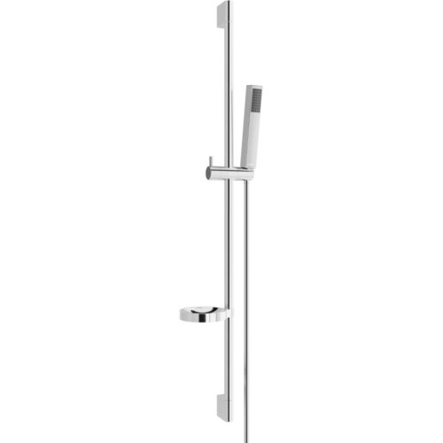 Chromowany zestaw prysznicowy suwany z prostokątną słuchawką prysznicową i okrągłym uchwytem na mydło. Produkt ma elegancki, nowoczesny design z gładkimi powierzchniami.