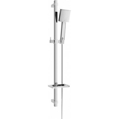 Chromowany zestaw prysznicowy suwany z prostokątną słuchawką prysznicową i regulowaną wysokością. Produkt ma nowoczesny design z gładkimi, błyszczącymi powierzchniami.