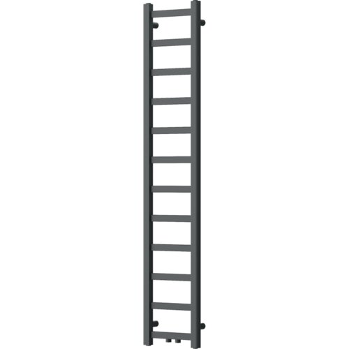 Czarny grzejnik łazienkowy o wymiarach 1500 x 300 mm z prostokątnymi szczeblami ułożonymi pionowo. Produkt ma minimalistyczny design i jest przeznaczony do montażu na ścianie.