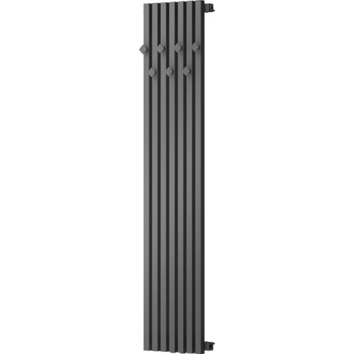 Dekoracyjny grzejnik łazienkowy w kolorze antracytowym, o wymiarach 1500 x 340 mm, z pionowymi, prostokątnymi panelami i ozdobnymi elementami. Produkt ma moc 630 W.