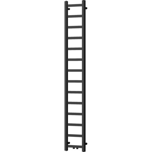 Czarny grzejnik łazienkowy o pionowej konstrukcji złożonej z dwóch pionowych rur połączonych poziomymi szczeblami. Produkt ma prosty, nowoczesny design i jest przeznaczony do montażu na ścianie.