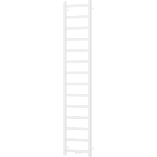 Biały grzejnik łazienkowy o prostokątnym kształcie z pionowymi rurkami po bokach i poziomymi szczeblami. Produkt ma minimalistyczny design i jest przeznaczony do montażu na ścianie.