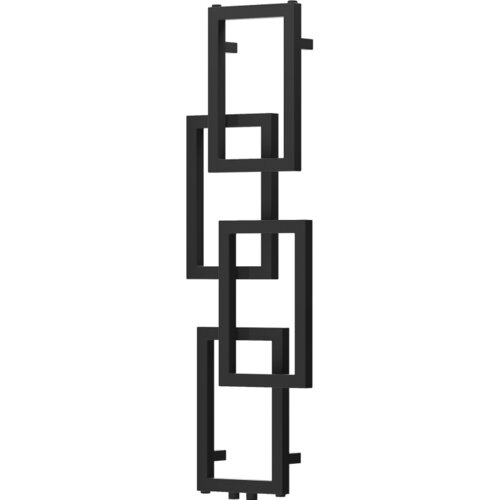 Czarny, dekoracyjny grzejnik łazienkowy o wymiarach 1115 x 360 mm, składający się z kilku prostokątnych ram połączonych ze sobą w pionowej konfiguracji. Produkt ma moc 279 W i model W215-1115-360-00-70.